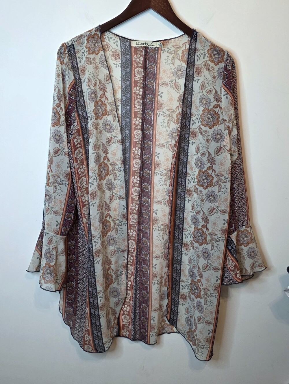 Liberty Love Sheer Floral Boho Kimono Cardigan Ruffle Bell Sleeve Open Sz Medium